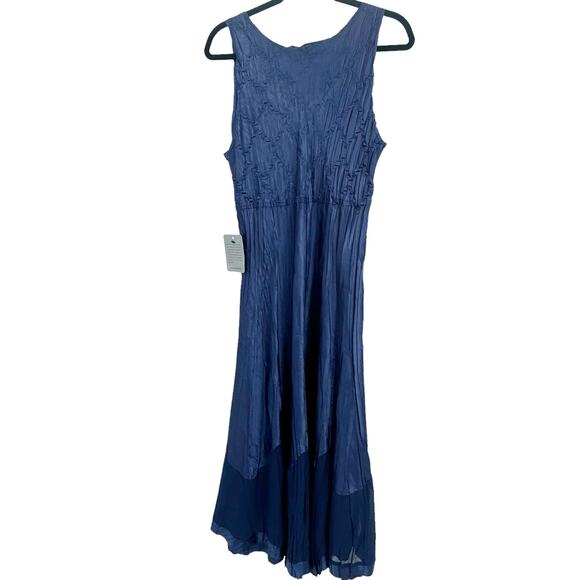 KOMAROV Women's Navy Beaded Charmeuse & Chiffon Tiered Midi Dress Size L NWT - Picture 5 of 13
